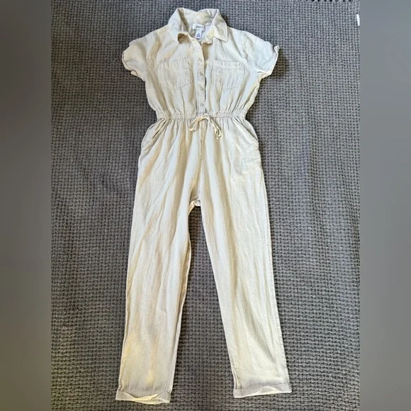 Japna Jumpsuit Womens M Linen Cotton Blend Tan Collared Drawstring Waist - Picture 1 of 3